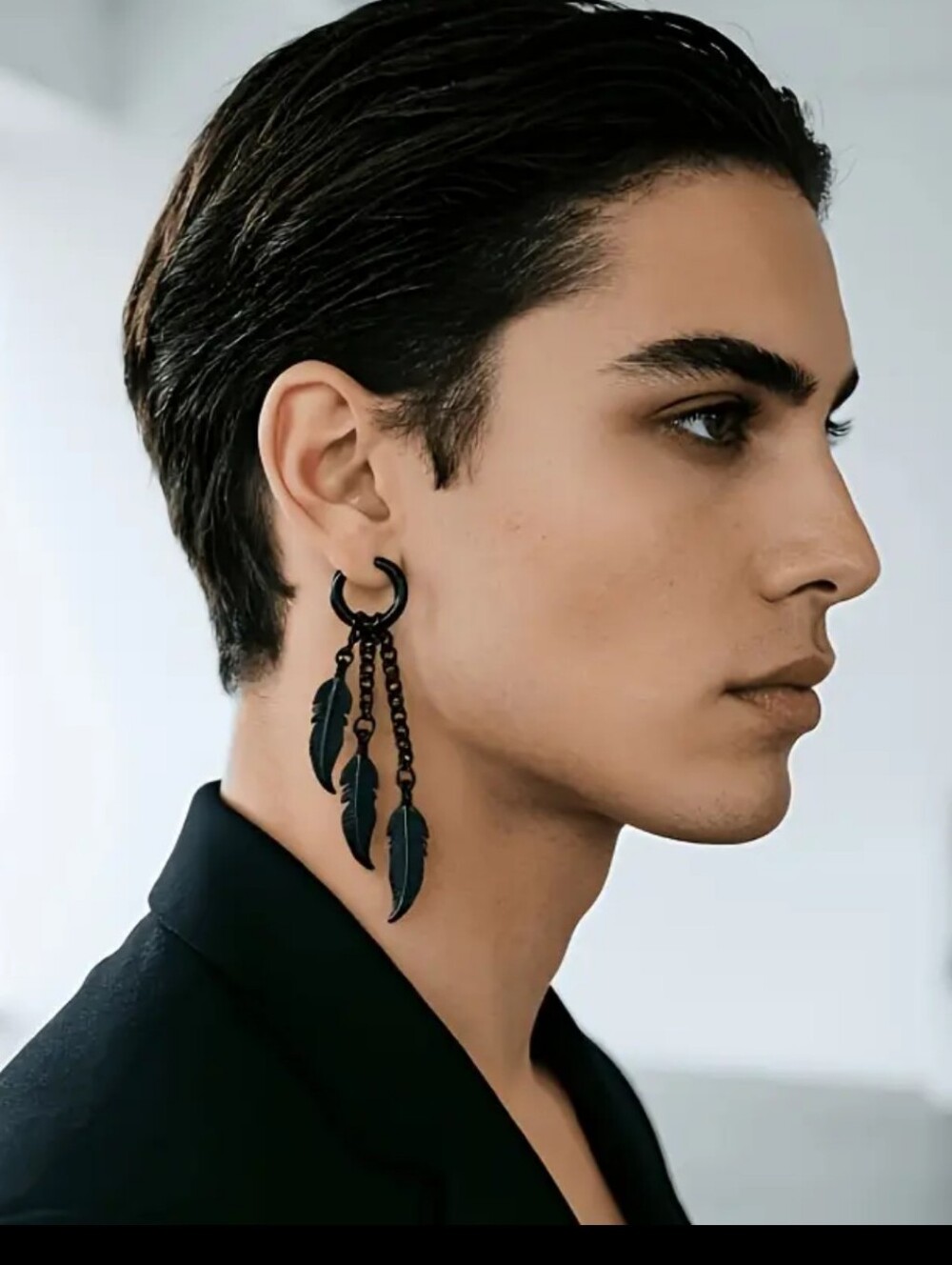 Black Unisex Hoop, Tassel Chains W Leaf/Feather Pendants Earrings - Picture 2 of 4